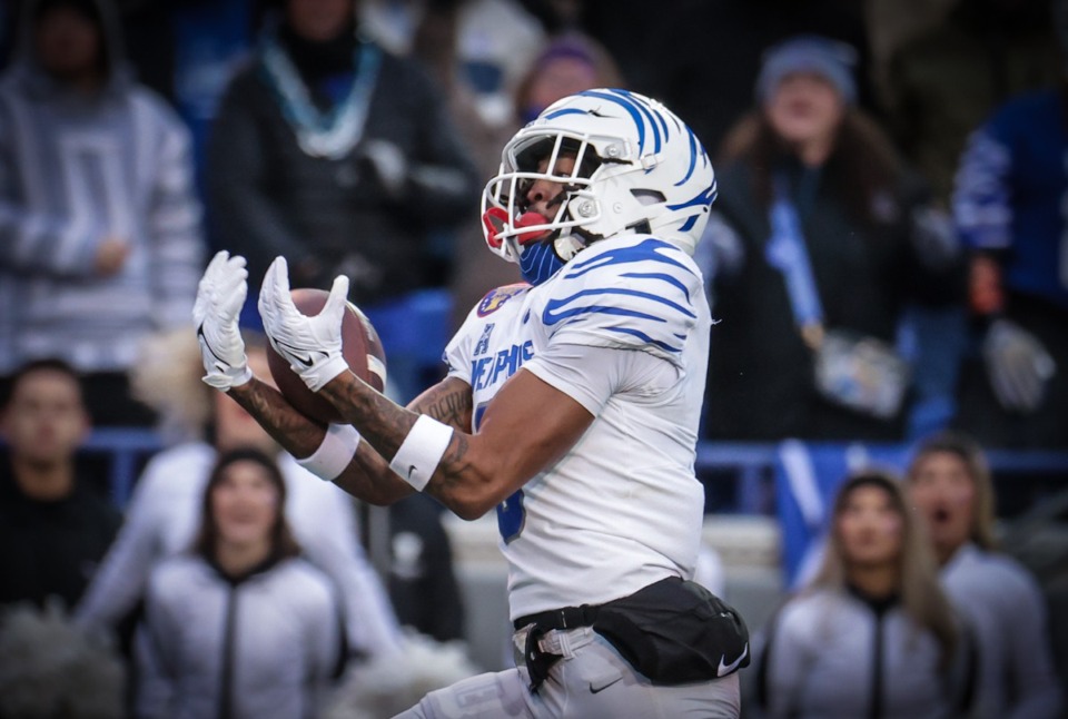 <strong>University of Memphis receiver Joseph Scates (6) hauls in a touchdown pass during the AutoZone Liberty Bowl game against Iowa State on Dec. 29, 2023.</strong> (Patrick Lantrip/The Daily Memphian)