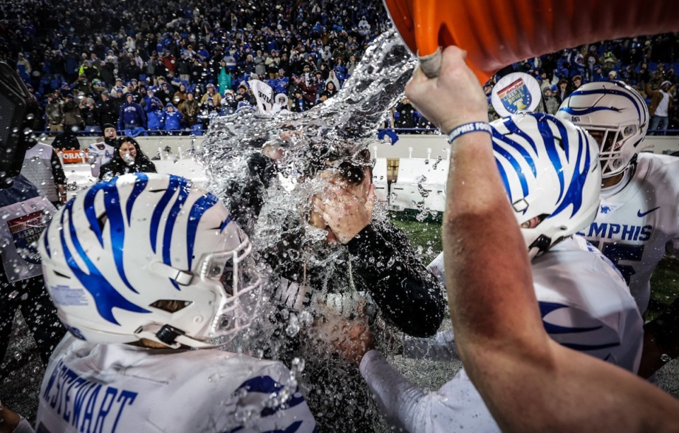<strong>University of Memphis head coach Ryan Silverfield gets a water bath after winning the AutoZone Liberty Bowl over Iowa State in Memphis, Tennessee Dec. 29, 2023.</strong> (Patrick Lantrip/The Daily Memphian)