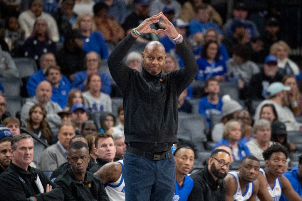 <strong>Memphis coach Penny Hardaway gestures to the team during the second half of an NCAA college basketball game against Austin Peay on Saturday, Dec. 30, at FedExForum.</strong> (AP Photo/Nikki Boertman)