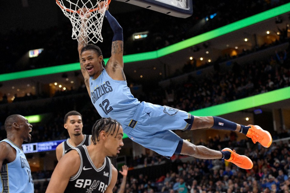 <strong>Memphis Grizzlies guard Ja Morant (12) puts on a show against the San Antonio Spurs at FedExForum on Tuesday, Jan. 2, 2024.</strong> (Brandon Dill/AP)