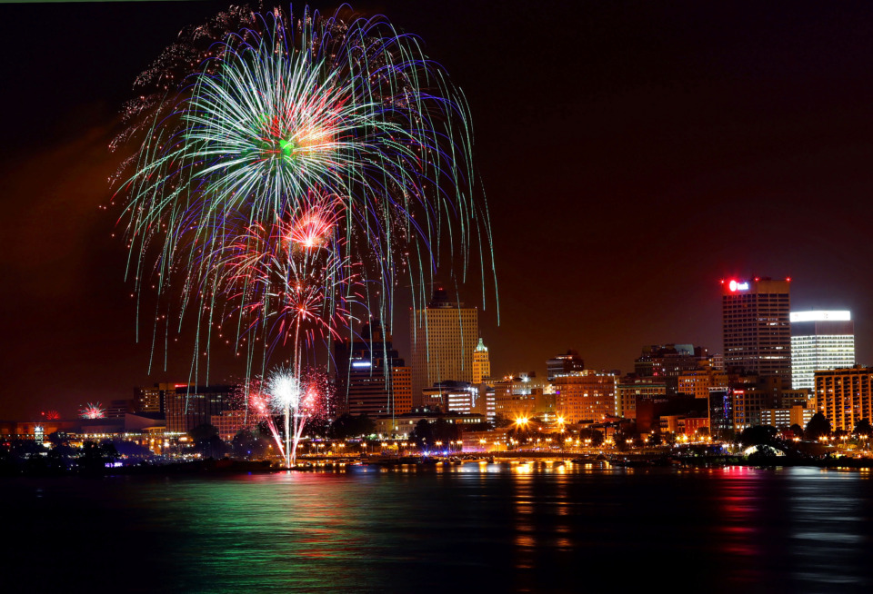 <strong>Fireworks illuminate the Memphis skyline during the annual Independence Day Fireworks Spectacular presented by the Memphis River Parks Partnership on July 4, 2019. </strong>(Jim Weber/Daily Memphian)