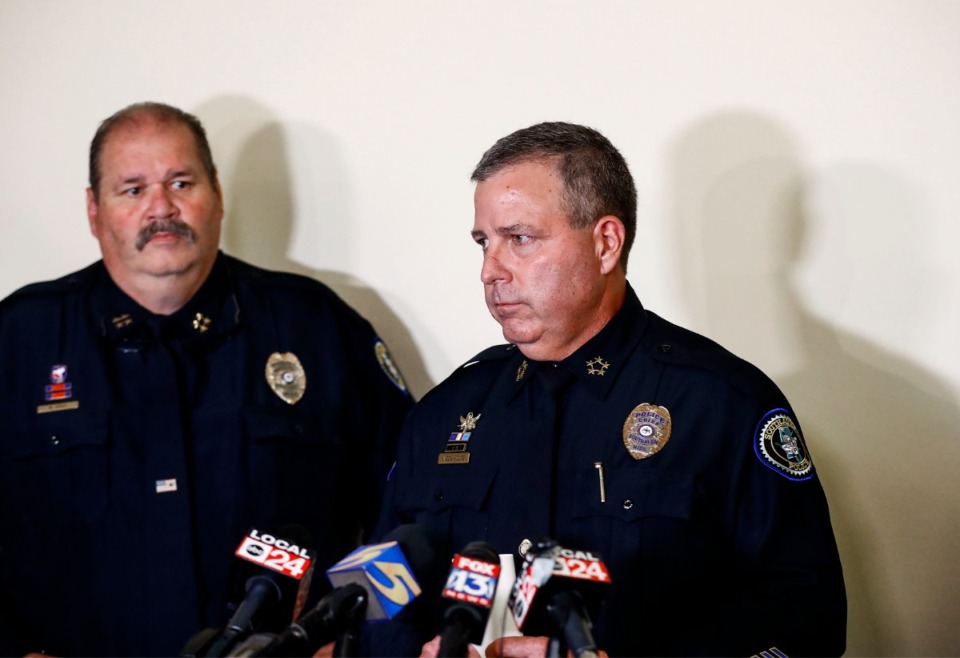 <strong>Southaven Police Chief Macon Moore (right) speaks to the media after two people were killed and the suspect and police officer were injured during an early morning shooing at the Walmart in Southaven, Miss., Tuesday, July 30, 2019. Moore is retiring Jan. 30, 2024.&nbsp;</strong>(Mark Weber/The Daily Memphian file)