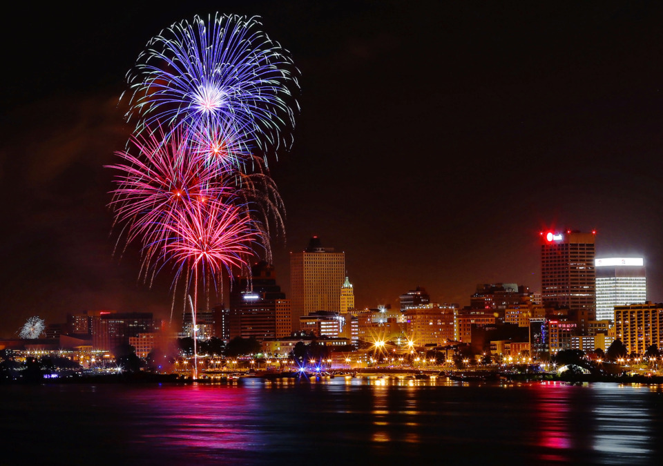 <strong>Fireworks illuminate the city during the annual Independence Day Fireworks Spectacular presented by the Memphis River Parks Partnership on July 4, 2019.</strong> (Jim Weber/Daily Memphian)