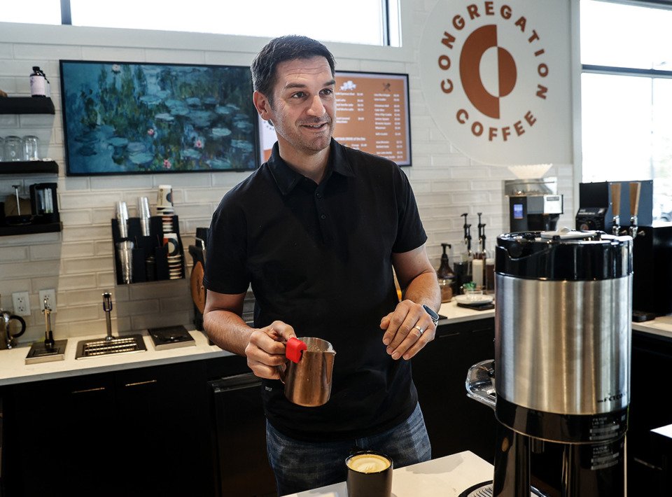 <strong>Congregation Coffee owner Kenneth Schweighofer at his new coffee shop in Germantown. The shop is located where the original Forest Hill Baptist once stood and the owner hopes to continue to provide a place for people to gather.</strong> (Mark Weber/The Daily Memphian)