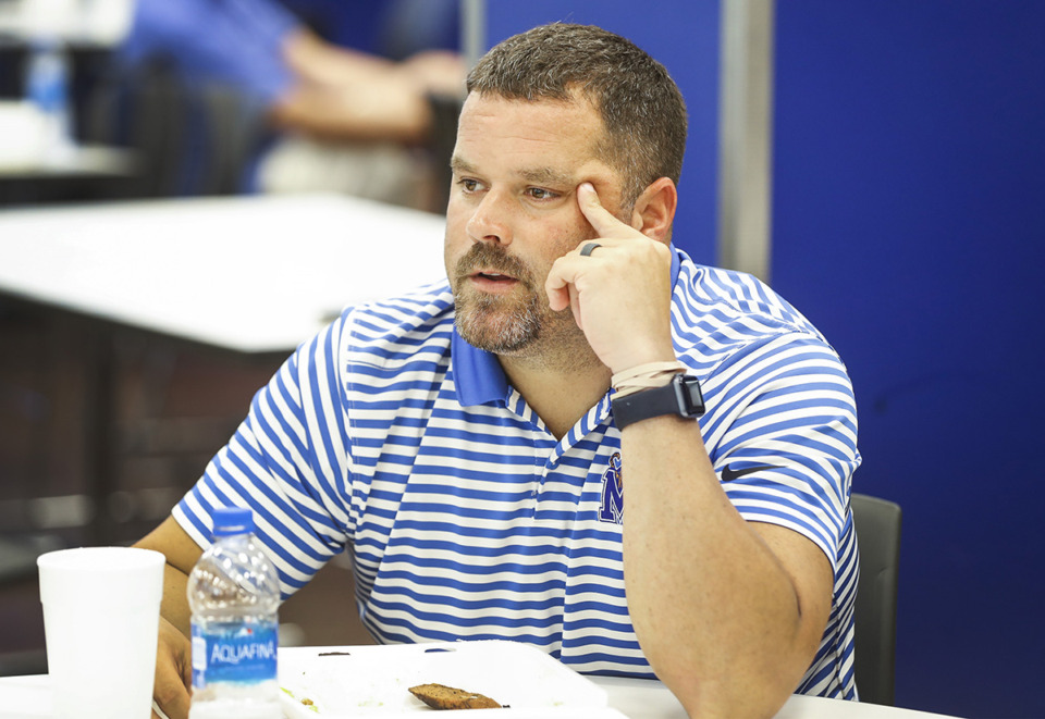 <strong>University of Memphis linebackers Jordon Hankins coach speaks during media availability on July 27, 2021. Hankins has been named defensive coordinator.</strong> (Mark Weber/The Daily Memphian file)