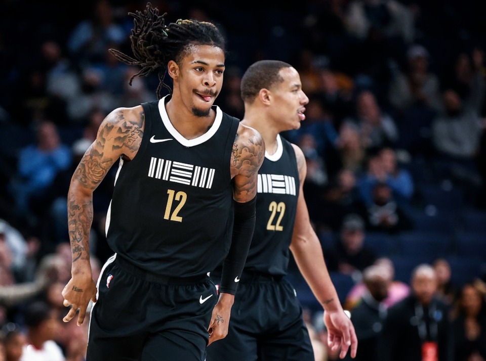 <strong>Memphis Grizzlies teammates Ja Morant (left) and Desmond Bane take the court against the Toronto Raptors on Wednesday, Jan. 3, 2024.</strong> (Mark Weber/The Daily Memphian)