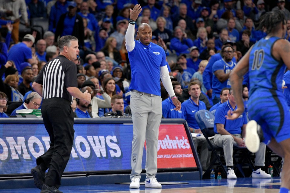 <strong>Memphis head coach Penny Hardaway calls to players during the first half of an NCAA college basketball game against Virginia Tuesday, Dec. 19, 2023, in Memphis, Tenn.</strong> (AP Photo/Brandon Dill)