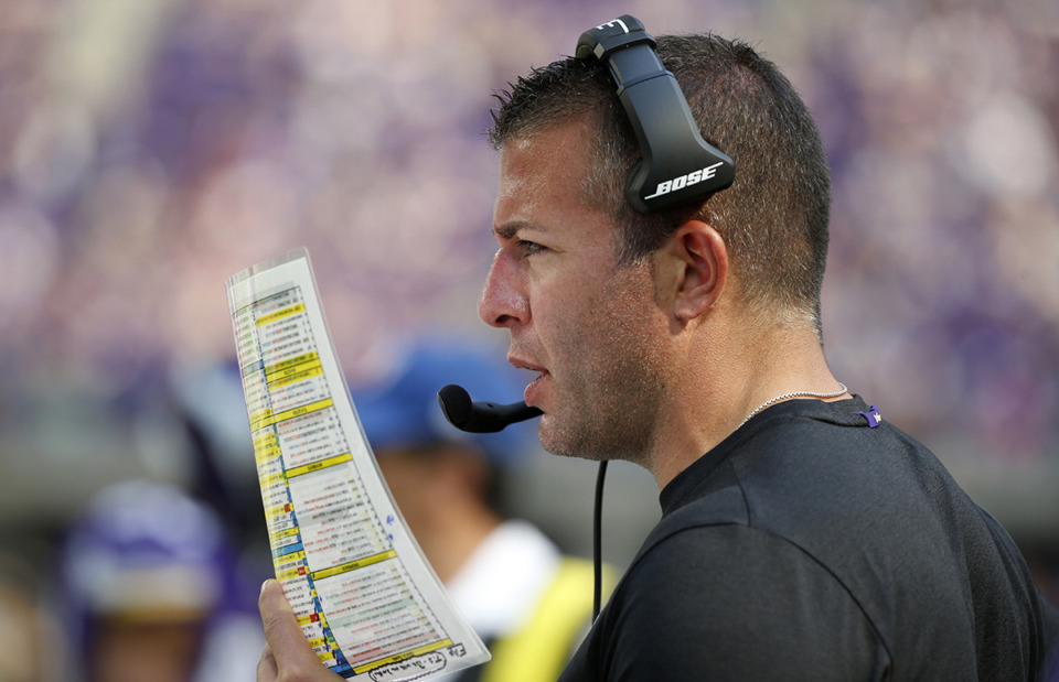 <strong>In this Sept. 23, 2018, file photo, Minnesota Vikings offensive coordinator John DeFilippo looks at his play sheet during the second half of an NFL football game against the Buffalo Bills, in Minneapolis. DeFlippo is now the head coach of the Memphis Showboats.</strong> (Bruce Kluckhohn/AP Photo file)
