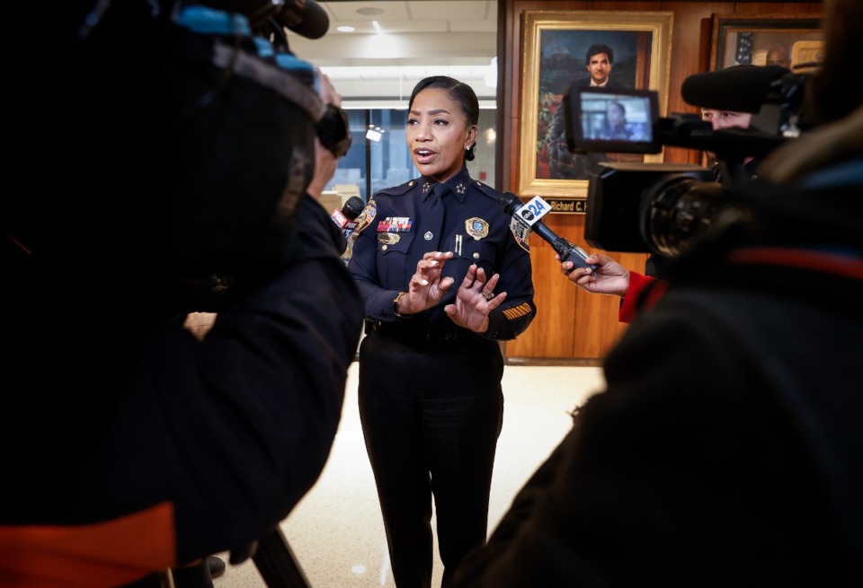 <strong>Memphis Police Chief Cerelyn &ldquo;C.J.&rdquo; Davis discusses with the media the City&rsquo;s plans for crime prevention on Thursday, Jan. 4, 2024, at City Hall.</strong> (Mark Weber/The Daily Memphian)