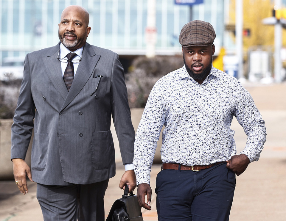 <strong>Former Memphis police officer Tadarrius Bean (right) and his lawyer John Keith Perry enter the Odell Horton Federal Building Nov. 14, 2023.</strong> (Mark Weber/The Daily Memphian file)