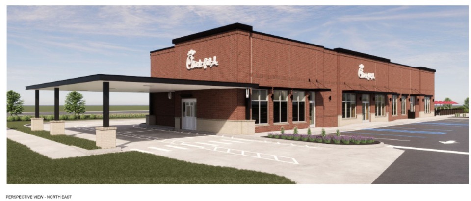 <strong>An updated renderings shows the proposed Collierville Chick-fil-A with a browner brick to match surrounding buildings.</strong> (Submitted)