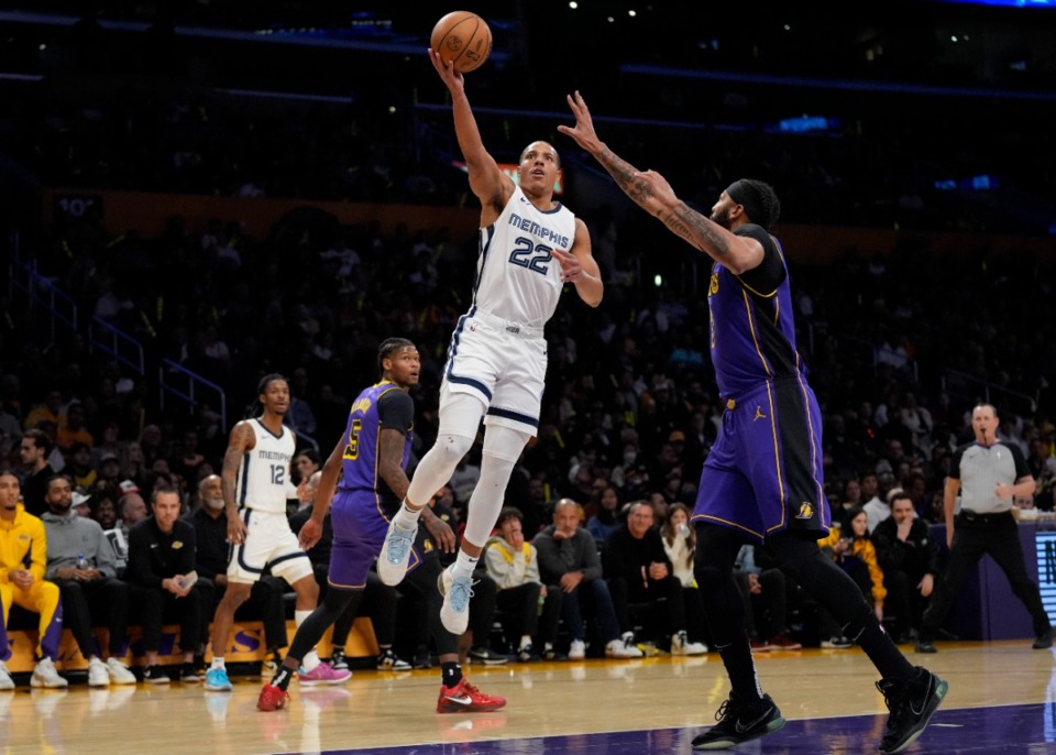 <strong>Memphis Grizzlies guard Desmond Bane (22) shoots over Los Angeles Lakers forward Anthony Davis (3) in Los Angeles, Friday, Jan. 5, 2024.</strong> (Ashley Landis/AP)