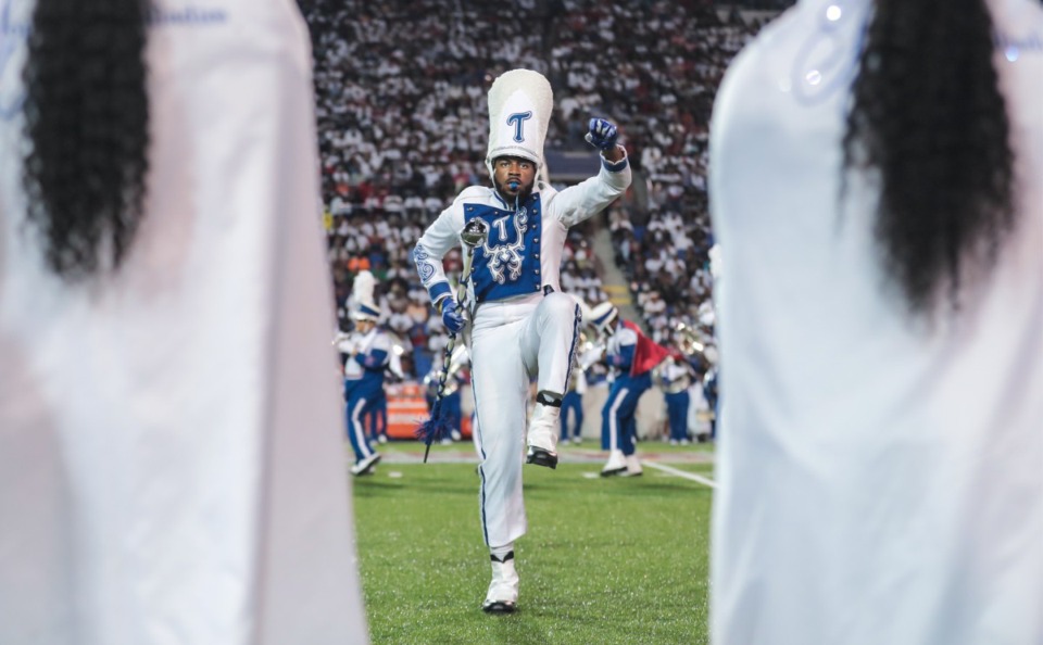 <strong>Members of the Tennessee State University band perform in the halftime show of the Southern Heritage Classic against Jackson State University in Memphis, Tennessee Sept. 10, 2022.</strong> (Patrick Lantrip/The Daily Memphian)