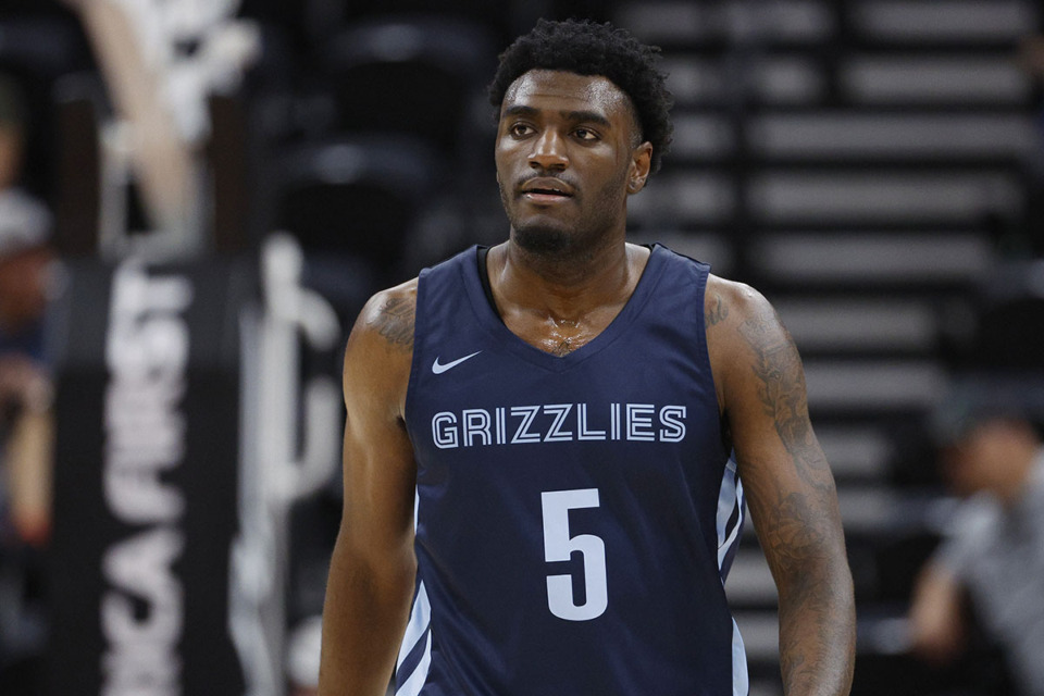<strong>Memphis Grizzlies forward Vince Williams Jr. (5) walks the court against the Philadelphia 76ers during an NBA summer-league game July 5, 2022, in Salt Lake City.</strong> (Jeff Swinger/AP file)