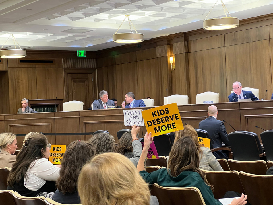 <strong>Supporters of federal education funding hold signs during a committee hearing Wednesday, Nov. 15, 2023.</strong> (Ian Round/The Daily Memphian file)