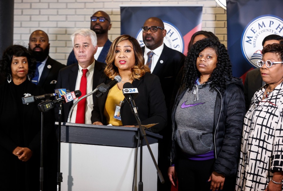 <strong>Memphis-Shelby County Schools Interim Superintendent Toni Williams (middle) leads a press conference addressing violence in schools on Thursday, Jan. 11, 2024.</strong> (Mark Weber/The Daily Memphian)