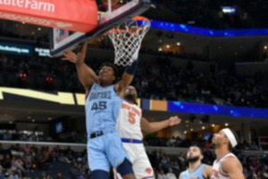 <strong>Memphis Grizzlies forward GG Jackson (45) shoots against New York Knicks forward Precious Achiuwa (5) during the first half of an NBA basketball game Saturday, Jan. 13, 2024, in Memphis, Tenn.</strong> (AP Photo/Brandon Dill)