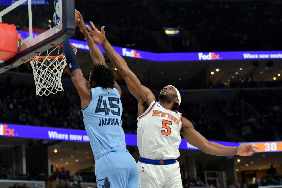 <strong>Memphis Grizzlies forward GG Jackson (45) shoots against New York Knicks forward Precious Achiuwa (5) during the first half of an NBA basketball game Saturday, Jan. 13 at FedExForum.</strong> (AP Photo/Brandon Dill)