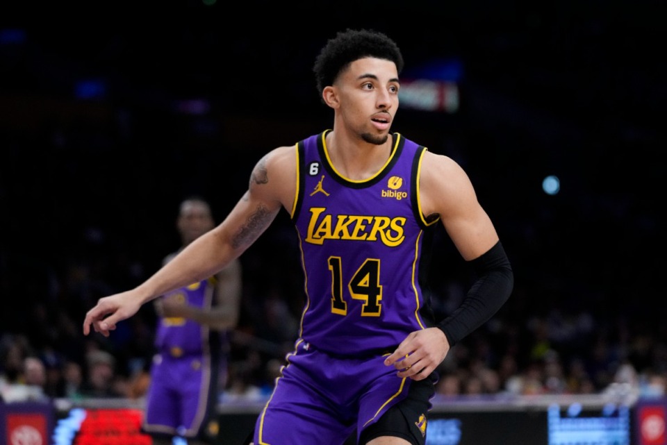 <strong>Los Angeles Lakers' Scotty Pippen Jr. (14) watches action during the second half of an NBA basketball game against the Atlanta Hawks Sunday, Jan. 8, 2023, in Los Angeles.</strong> (AP Photo/Jae C. Hong)