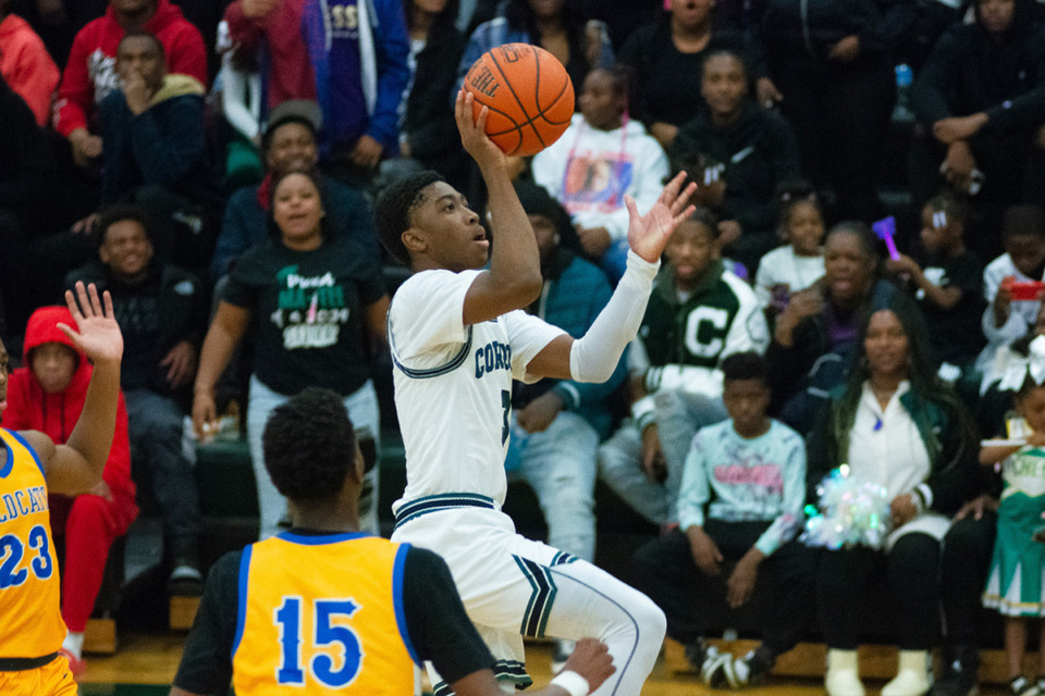 <strong>K.J. Tenner goes for the running floater early in the game against Fayette Ware Nov. 30, 2023.</strong> (Joshua White/Special to The Daily Memphian)