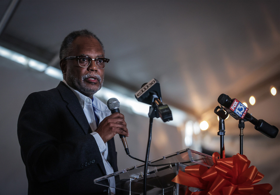 <strong>Archie Willis III, president of ComCap Partners, speaks Dec. 8, 2023, at the groundbreaking of Northside Square, a mixed-use development that aims to revitalize the community surrounding the former site of Northside High School.</strong> (Patrick Lantrip/The Daily Memphian file)