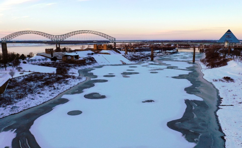 <strong>A Feb. 19, 2021 photo captures the Wolf River frozen over near its confluence with the Mississippi River.</strong> (Patrick Lantrip/Daily Memphian file)