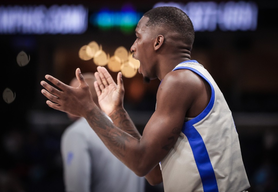 <strong>University of Memphis forward David Jones (8) cheers his teammates on from the bench during a Jan. 10, 2024 game against UTSA.</strong> (Patrick Lantrip/The Daily Memphian)