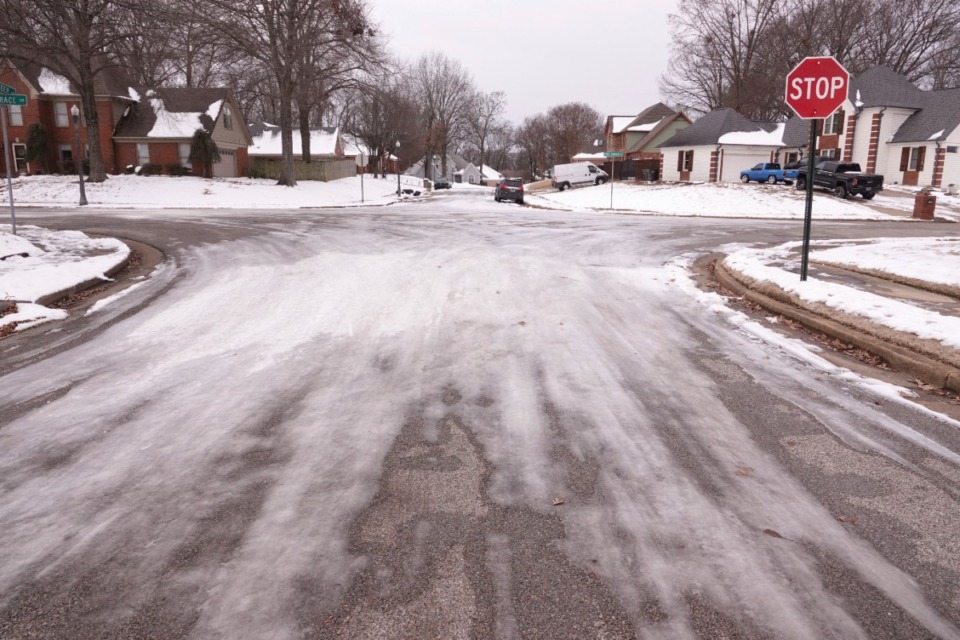 <strong>Many roads remained slick Monday, Jan. 22, 2024, in Memphis. But higher temperatures are melting the mess, and suburban schools will be open Tuesday.</strong> (Karen Pulfer Focht/AP)