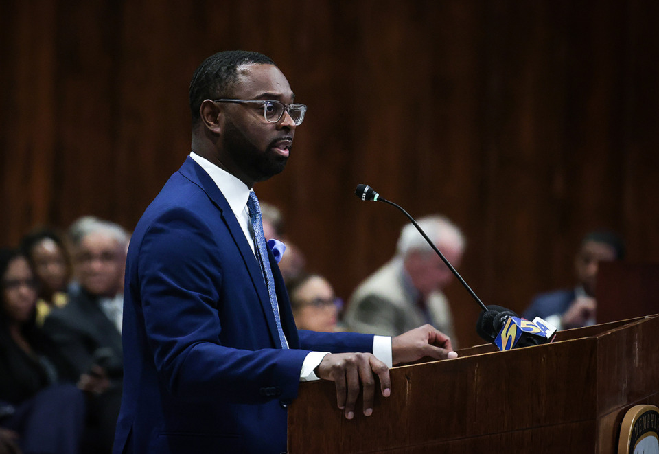 <strong>Memphis Mayor Paul Young addresses the Memphis City Council during a Jan. 9, 2024, meeting. Young issued his first veto Tuesday, Jan. 23, since taking office.</strong> (Patrick Lantrip/The Daily Memphian)