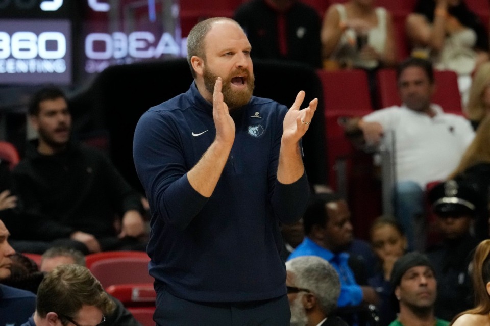 <strong>Memphis Grizzlies head coach Taylor Jenkins shouts to his team during the game against the Miami Heat, Wednesday, Jan. 24, 2024, in Miami.</strong> (Marta Lavandier/AP)