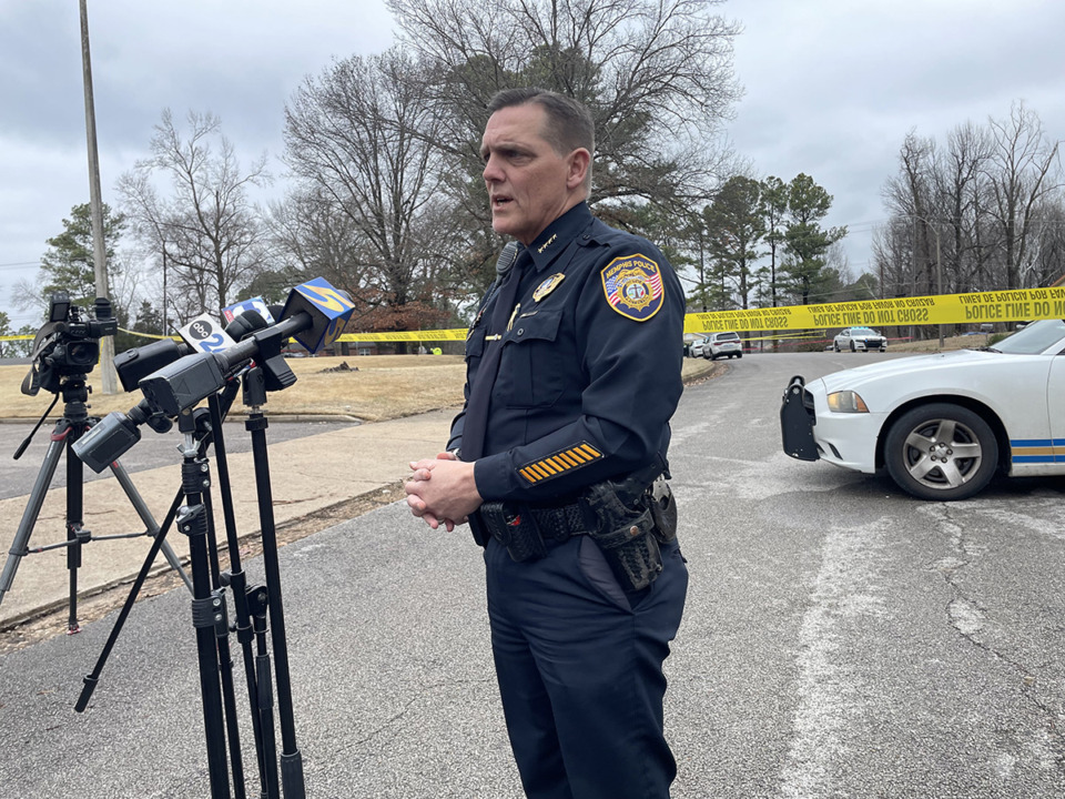 <strong>Deputy chief of special operations Stephen Chandler details an officer-involved shooting and crash that resulted from an ensuing police chase that occurred Friday, Jan. 26. Two suspects and two bystanders were noncritically injured after the events.</strong> (Julia Baker/The Daily Memphian)