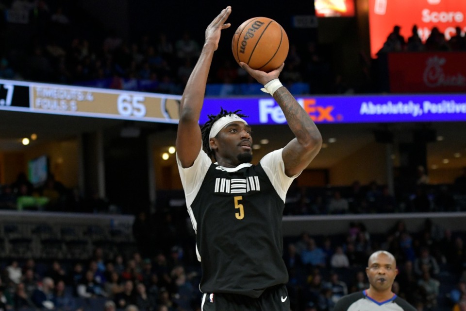 <strong>Memphis Grizzlies guard Vince Williams Jr. (5) plays in the first half of an NBA basketball game against the Orlando Magic Friday, Jan. 26, 2024, in Memphis, Tenn.</strong> (AP Photo/Brandon Dill)