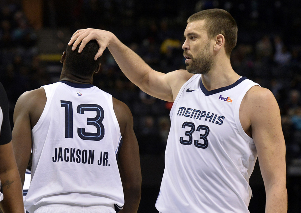 <strong>Memphis Grizzlies center Marc Gasol (33) puts his hand on forward Jaren Jackson Jr. (13) in the second half of an NBA basketball game against the Sacramento Kings Jan. 25, 2019, in Memphis.</strong> (Brandon Dill/AP Photo file)
