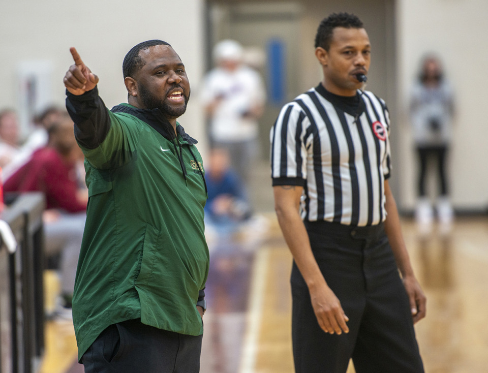 <strong>FACS head basketball coach Dee Wilkes gives his team orders in Tuesday's game at ECS, Jan. 11, 2022. FACS won in overtime 56-47.</strong> (Greg Campbell/Special to The Daily Memphian file)