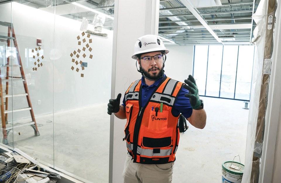 <strong>Mark Pasino, Flintco senior project manager, leads a tour of the University of Memphis&rsquo; $40 million STEM building attached to Herff Engineering facilities on Wednesday, Jan. 31, 2024.</strong> (Mark Weber/The Daily Memphian)