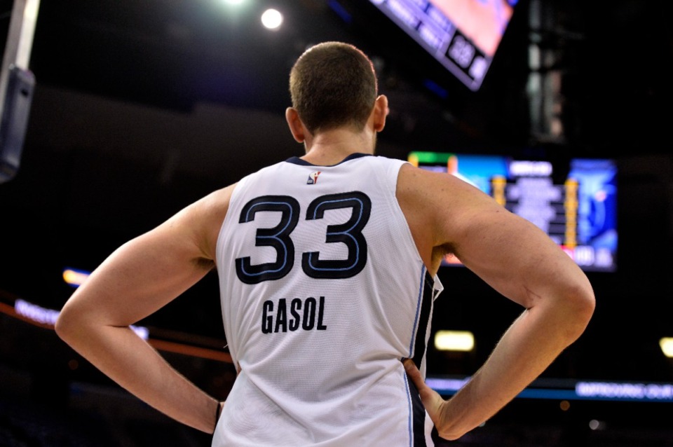 <strong>Marc Gasol (33) stands on the court in the second half of an NBA basketball game against the Charlotte Hornets Wednesday, Jan. 23, 2019, in Memphis, Tenn. Gasol&rsquo;s No. 33 will go into the rafters on Saturday, April 6, 2024, when the Grizzlies take on the Philadelphia 76ers inside FedExForum.</strong>&nbsp;(AP Photo/Brandon Dill)