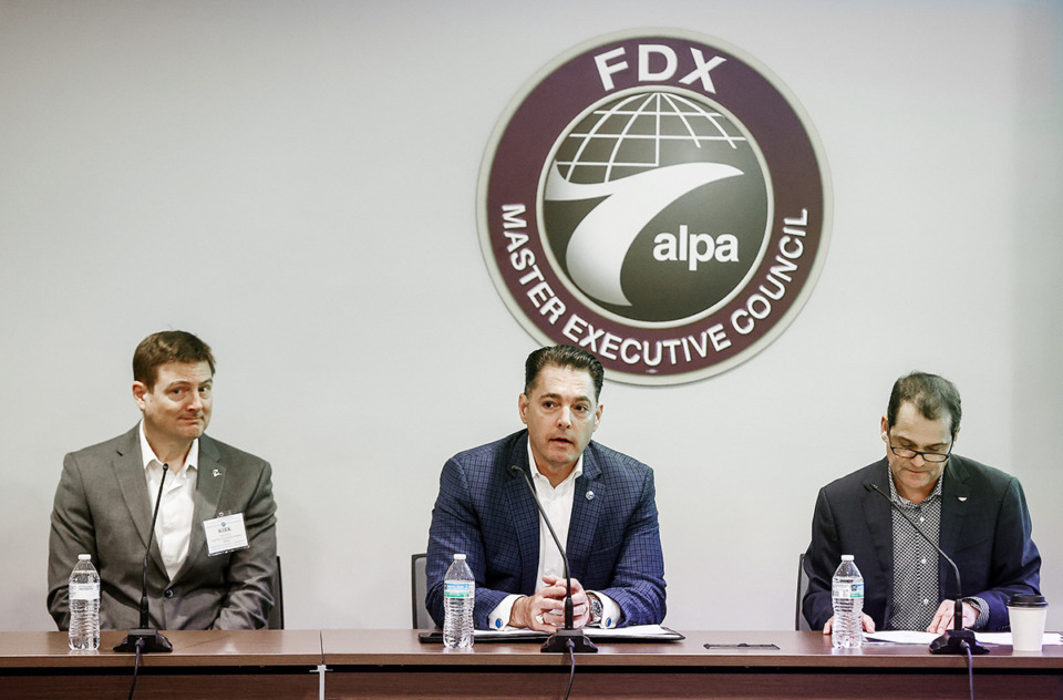 <strong>Kirk Vining with Boeing, Bill Secord with FedEx and Jason Ambrosi take part in a panel discussion during Air Line Pilots Association summit in Memphis on Wednesday, Jan. 31.</strong>&nbsp;(Mark Weber/The Daily Memphian)