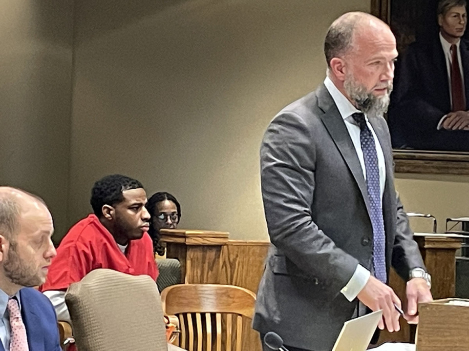 <strong>Nashville attorney Luke Evans argues for a change of venue motion for his client Justin Johnson (left), accused in the killing of Memphis rapper Young Dolph. Evans filed a motion Jan. 22 asking to bring a jury in from outside Shelby County.</strong> (Julia Baker/The Daily Memphian)