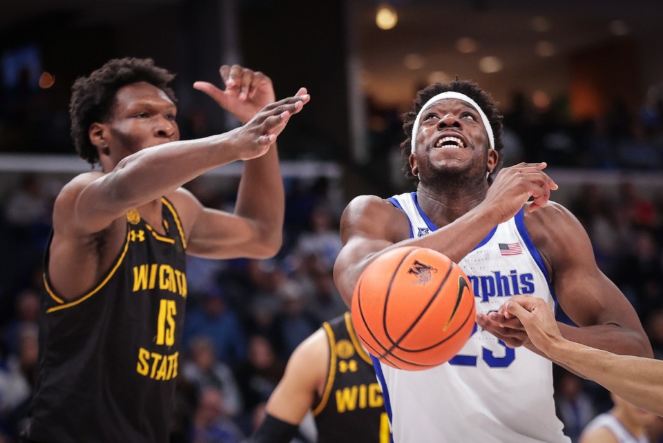 <strong>University of Memphis forward Malcolm Dandridge (23) tries to snag a rebound during a Feb. 3, 2024 game against Wichita State.</strong> (Patrick Lantrip/The Daily Memphian)