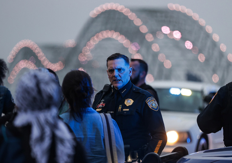 <strong>Memphis police officers negotiate with activists at the conclusion of a pro-Palestinian protest that shut the Interstate 40 bridge over the Mississippi River Feb. 3.</strong> (Patrick Lantrip/The Daily Memphian)