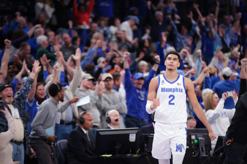 <strong>Memphis forward Nicholas Jourdain reacts to the Tigers pulling out a last-minute victory after a Feb. 03, 2024 game against Wichita State.</strong> <strong>The Tigers rallied from 14 down over the final 7:55 of the game.</strong> (Patrick Lantrip/Daily Memphian)