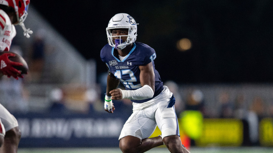 <strong>Old Dominion safety Tahj Ra-El (12) will play for the Memphis Tigers in 2024.</strong> (AP File Photo/Mike Caudill)