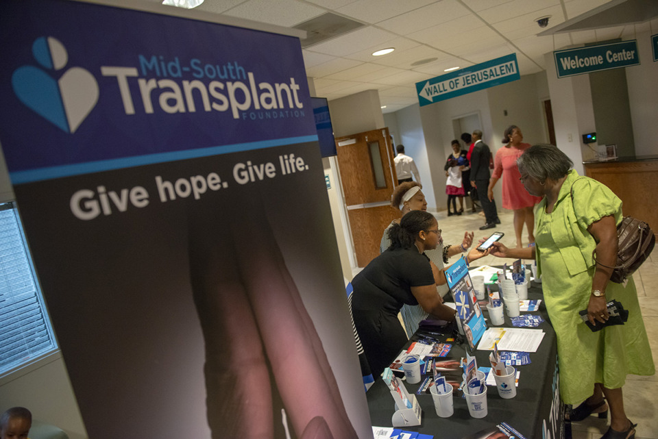 <strong>A sign for the Mid-South Transplant Foundation welcomes church members at Brown Missionary Baptist Church in Southaven, Miss. to learn more about organ donations im 2019. Tennessee saw a growing number of organ donations and transplants in 2023.</strong> (Brandon Dill/Special To The Daily Memphian file)