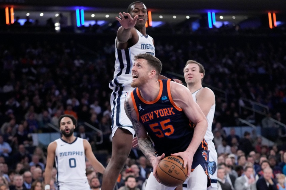 <strong>Memphis Grizzlies center Trey Jemison, top, guards New York Knicks center Isaiah Hartenstein (55) on Feb. 6, 2024, at Madison Square Garden in New York.</strong> (Mary Altaffer/AP)