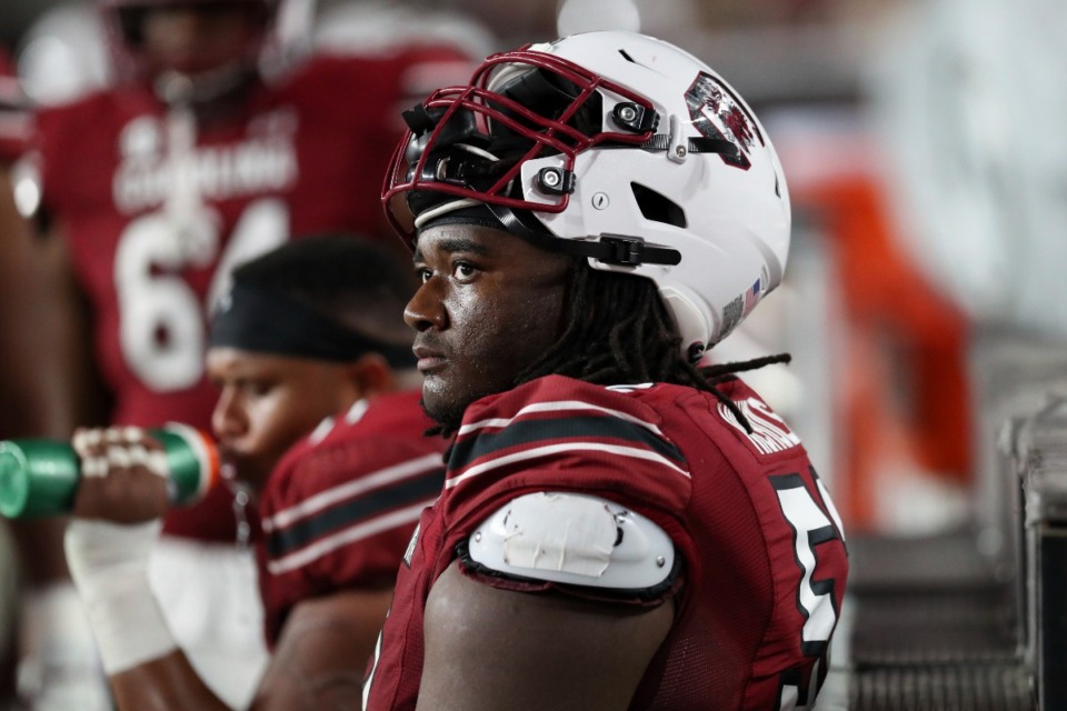 <strong>South Carolina offensive lineman Jaylen Nichols (52) looks at the scoreboard during an NCAA college football game against Charlotte on Saturday, Sept. 24, 2022. Nichols joins nine other offensive linemen who signed to the Memphis Tigers 2024 class in December.</strong>&nbsp;(AP Photo/Artie Walker Jr.)