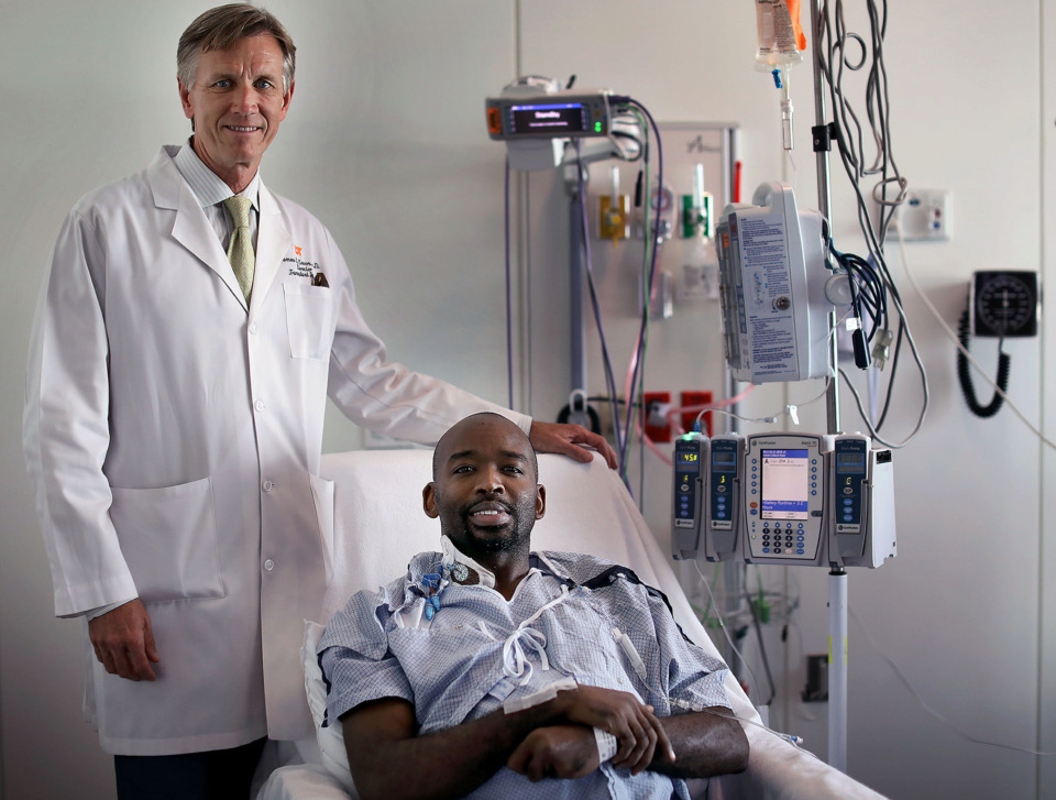 <strong>Two days after a successful kidney transplant, James Rogers (right) sits next to Dr. James Eason in his room in Methodist University Hospital's Shorb Tower on Thursday, July 11, 2019. Eason is among the Mid-South medical professionals praising an executive order that prioritizes kidney transplantation over dialysis.&nbsp;</strong>(Patrick Lantrip/Daily Memphian)