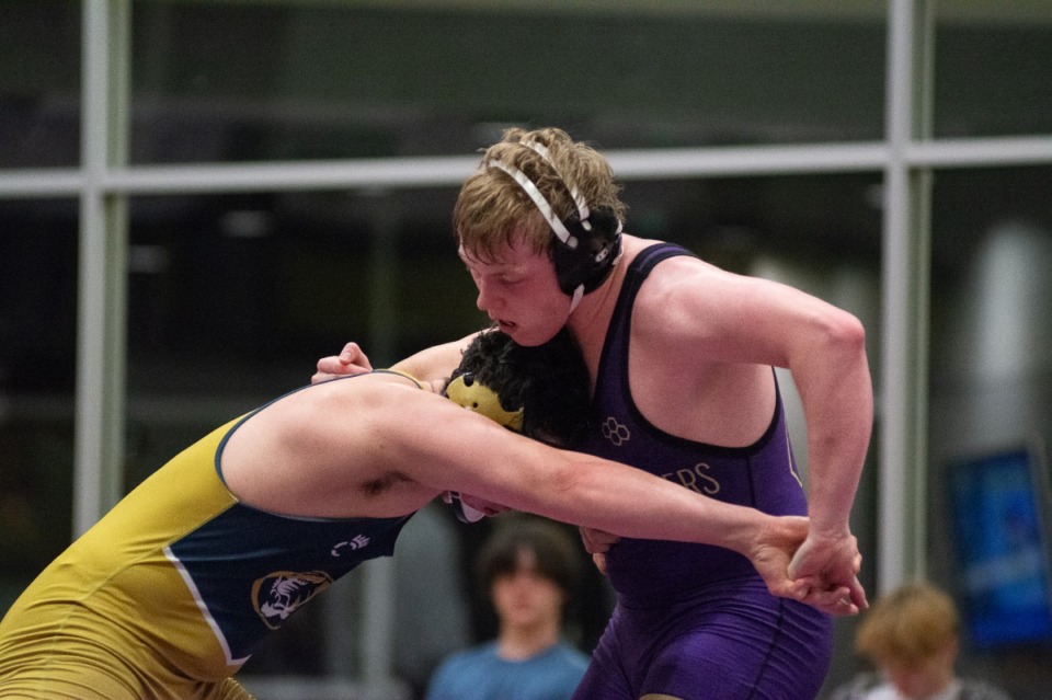 <strong>Jack Branson (in purple) is one of 13 wrestlers from CBHS that will compete in the state wrestling tournament in Nashville on Friday and Saturday.</strong> (Joshua White/Special to The Daily Memphian file)