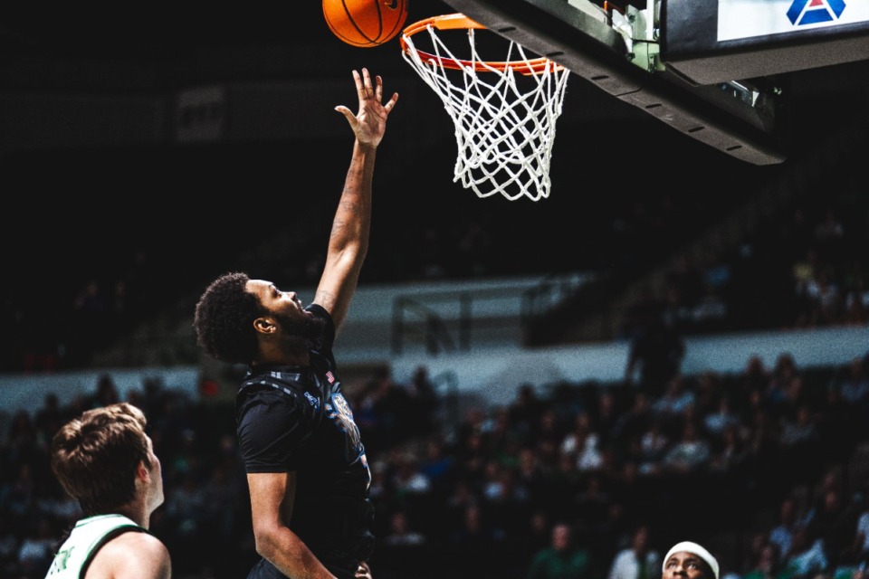 <strong>Jordan Brown tips in a basket in the Memphis Tigers game against the North Texas Mean Green on Thursday, Feb. 15, 2024.</strong> (Courtesy Memphis Athletics)