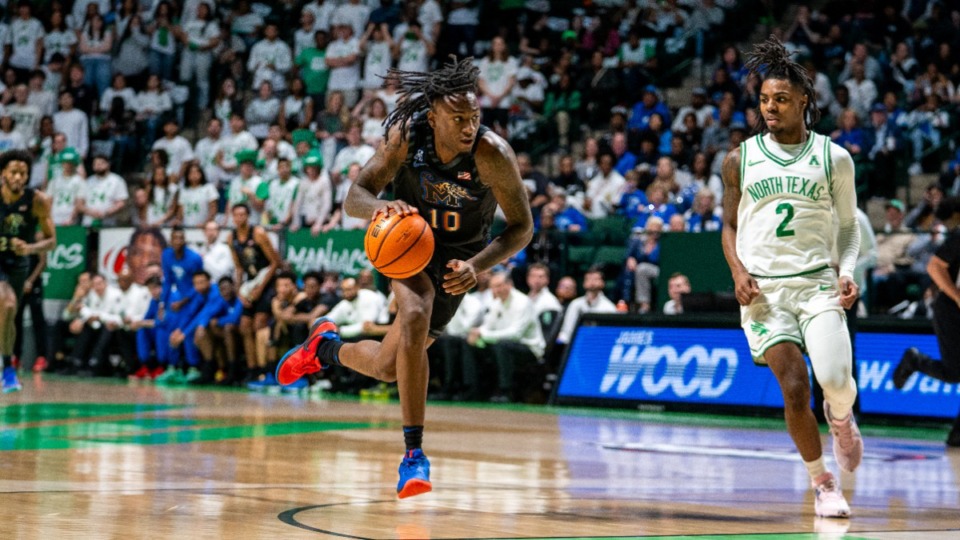 <strong>Jaykown Walton brings the ball upcourt for the Memphis Tigers in the game against the North Texas Mean Green on Thursday, Feb. 15, 2024.</strong> (Courtesy Memphis Athletics)