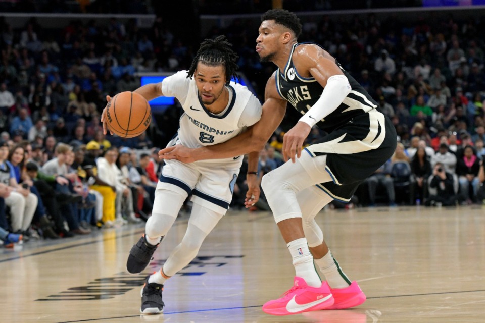 <strong>Memphis Grizzlies forward Ziaire Williams (8) drives against Milwaukee Bucks forward Giannis Antetokounmpo, right, on Thursday, Feb. 15, 2024. Williams had his career high with 27 points.</strong> (Brandon Dill/AP)